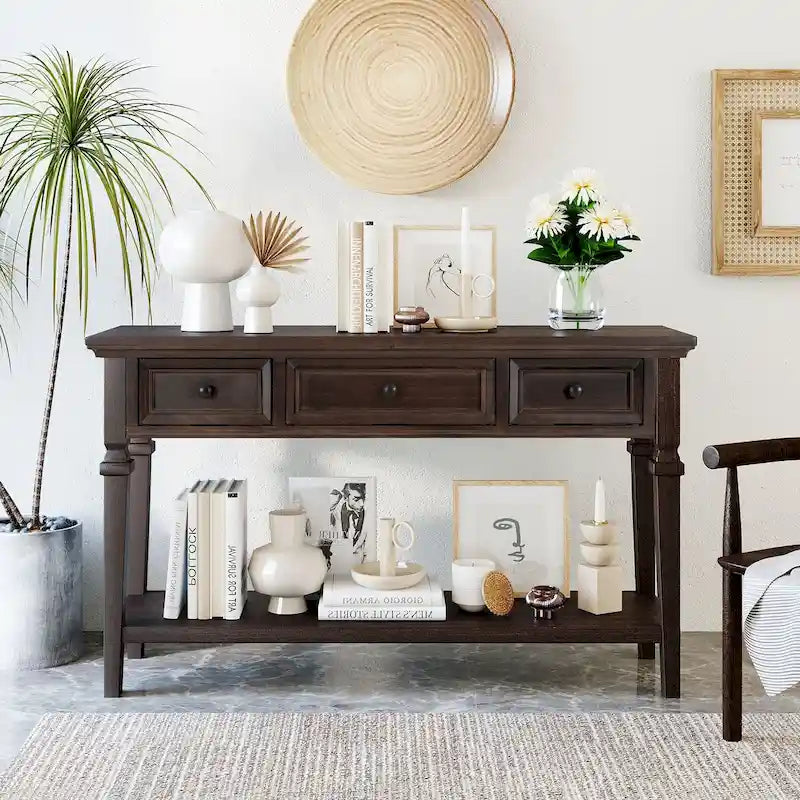 50 Farmhouse 50 Inch Classic Retro Console Three Top Drawers and Open Style Bottom Shelf, Sofa Table with Solid Wooden Frame
