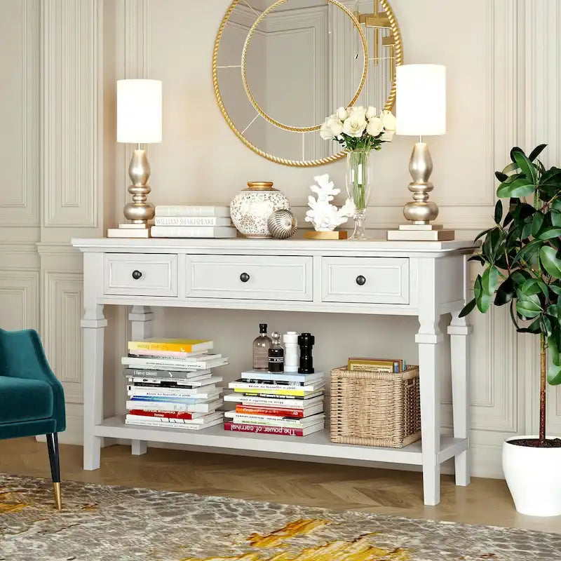50 Farmhouse 50 Inch Classic Retro Console Three Top Drawers and Open Style Bottom Shelf, Sofa Table with Solid Wooden Frame