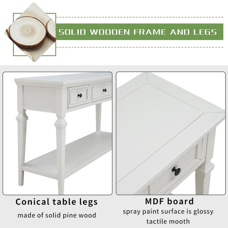 50 Farmhouse 50 Inch Classic Retro Console Three Top Drawers and Open Style Bottom Shelf, Sofa Table with Solid Wooden Frame