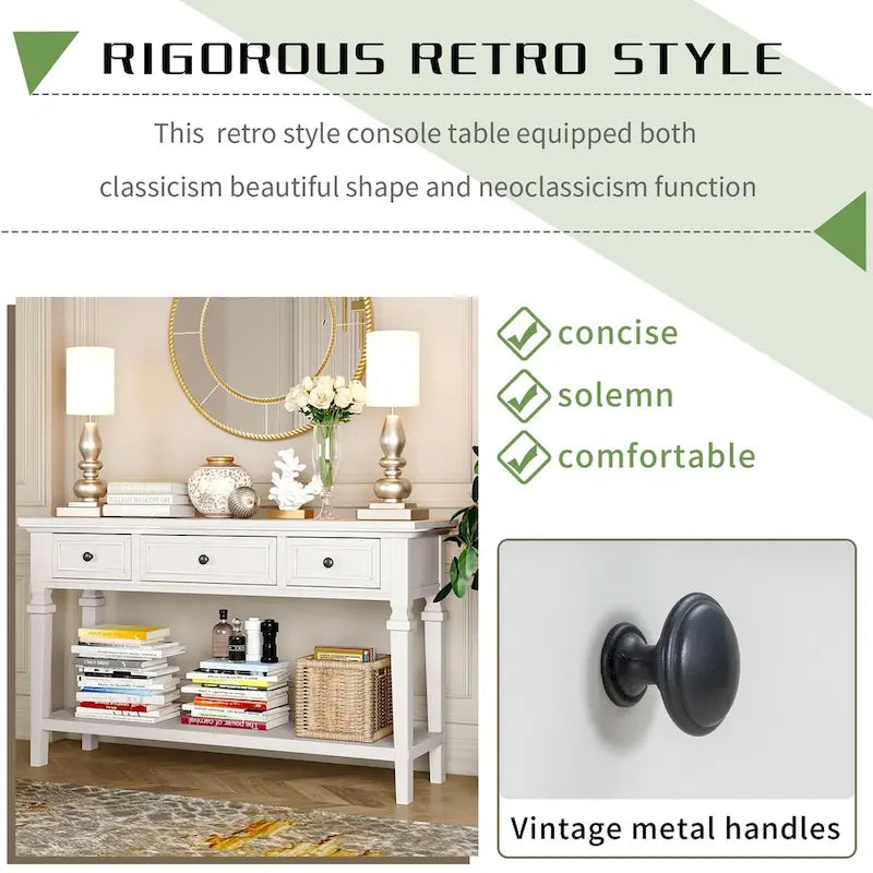 50 Farmhouse 50 Inch Classic Retro Console Three Top Drawers and Open Style Bottom Shelf, Sofa Table with Solid Wooden Frame