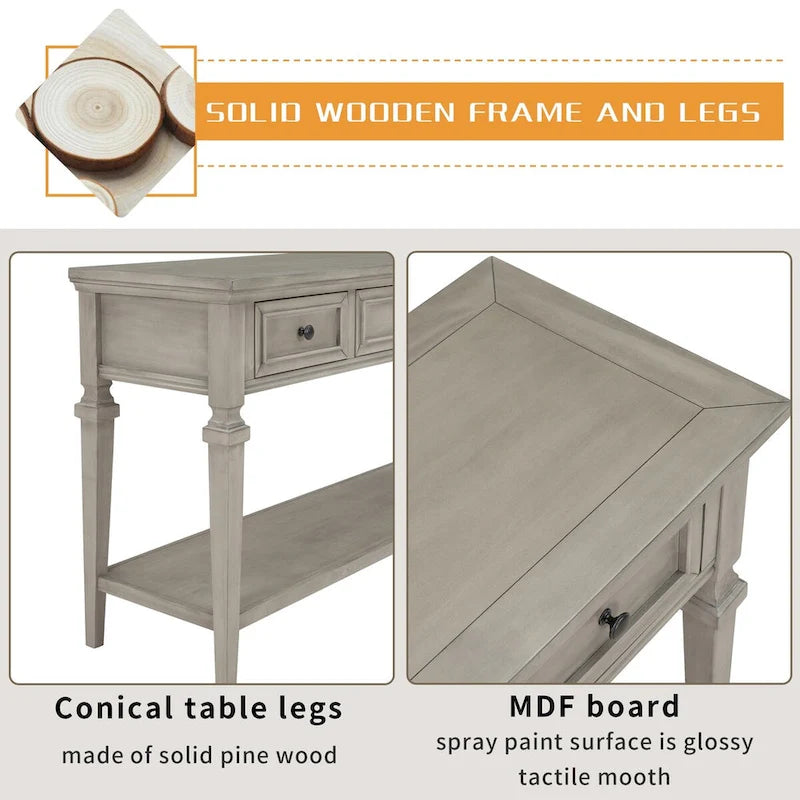50 Farmhouse 50 Inch Classic Retro Console Three Top Drawers and Open Style Bottom Shelf, Sofa Table with Solid Wooden Frame