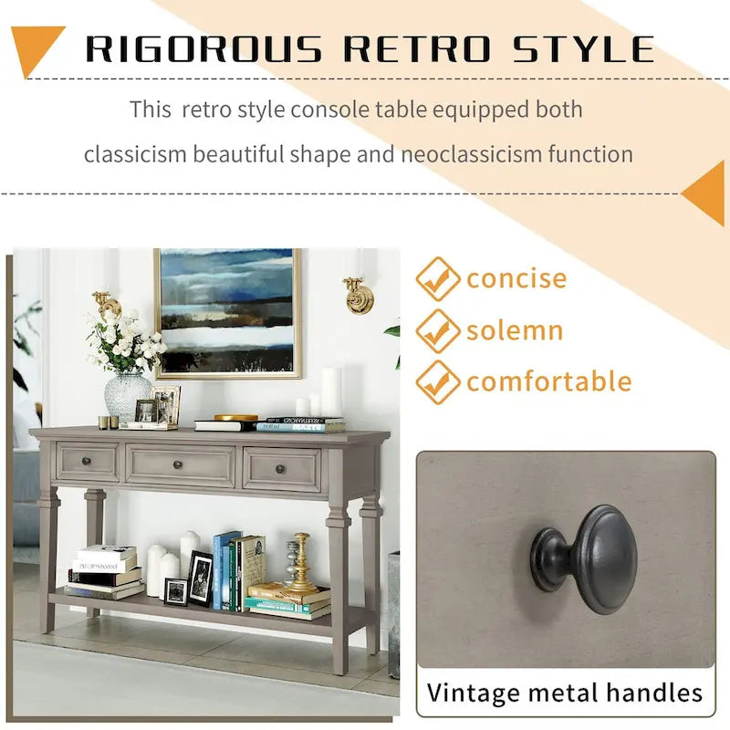 50 Farmhouse 50 Inch Classic Retro Console Three Top Drawers and Open Style Bottom Shelf, Sofa Table with Solid Wooden Frame