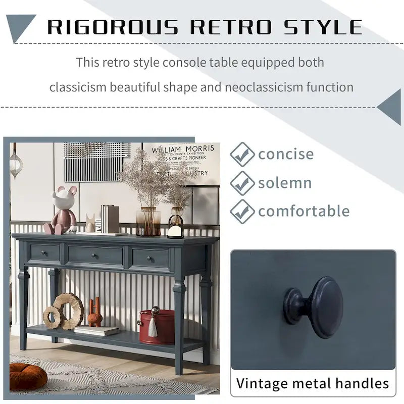 50 Farmhouse 50 Inch Classic Retro Console Three Top Drawers and Open Style Bottom Shelf, Sofa Table with Solid Wooden Frame
