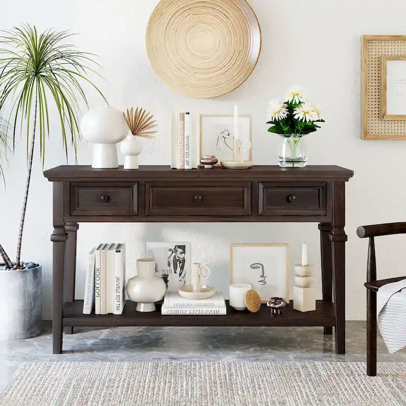 50 Farmhouse 50 Inch Classic Retro Console Three Top Drawers and Open Style Bottom Shelf, Sofa Table with Solid Wooden Frame