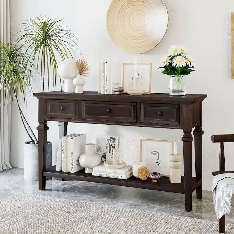 50 Farmhouse 50 Inch Classic Retro Console Three Top Drawers and Open Style Bottom Shelf, Sofa Table with Solid Wooden Frame