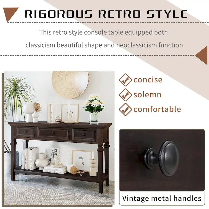 50 Farmhouse 50 Inch Classic Retro Console Three Top Drawers and Open Style Bottom Shelf, Sofa Table with Solid Wooden Frame