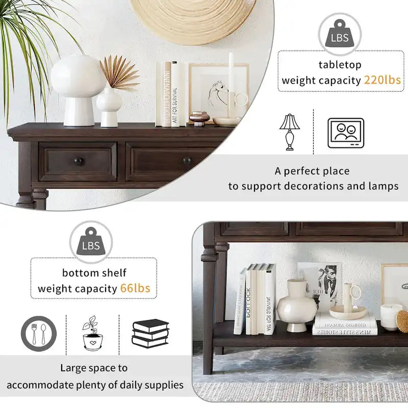 50 Farmhouse 50 Inch Classic Retro Console Three Top Drawers and Open Style Bottom Shelf, Sofa Table with Solid Wooden Frame