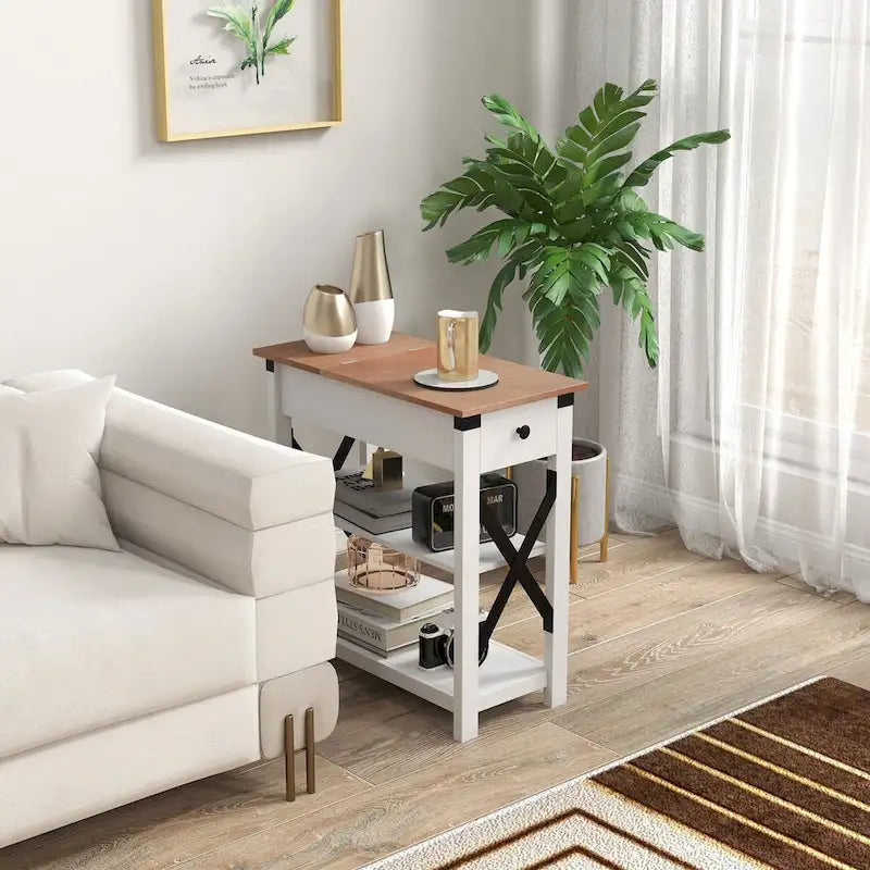 1-Drawer Side Table with 2 USB Ports, 1 Outlet and Shelves