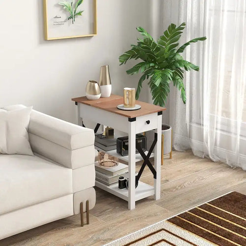 1-Drawer Side Table with 2 USB Ports, 1 Outlet and Shelves