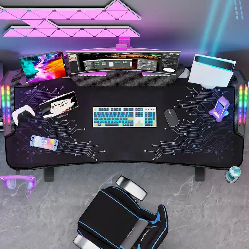 71 Gaming Table Office Computer Desk Gamer Workstation with Monitor Shelf LED Light Mouse Pad