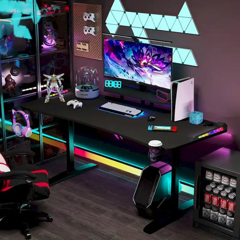 71 Gaming Table Office Computer Desk Gamer Workstation with Monitor Shelf LED Light Mouse Pad