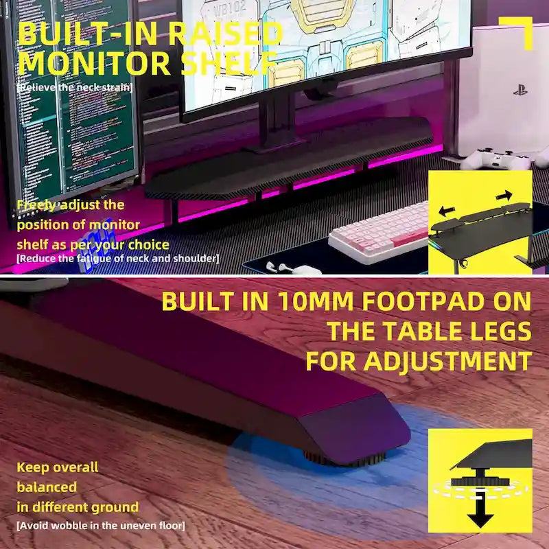 71 Gaming Table Office Computer Desk Gamer Workstation with Monitor Shelf LED Light Mouse Pad
