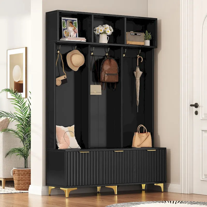 Storage Hall Tree with Bench, Multi-functional Storage Bench with High Gloss Fluted Doors, Coat Rack with 6 Hooks and Legs