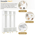 Storage Hall Tree with Bench, Multi-functional Storage Bench with High Gloss Fluted Doors, Coat Rack with 6 Hooks and Legs