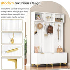 Storage Hall Tree with Bench, Multi-functional Storage Bench with High Gloss Fluted Doors, Coat Rack with 6 Hooks and Legs