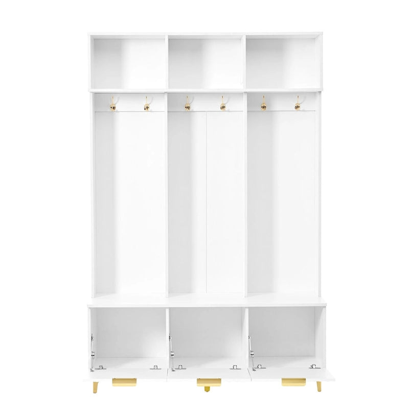 Storage Hall Tree with Bench, Multi-functional Storage Bench with High Gloss Fluted Doors, Coat Rack with 6 Hooks and Legs