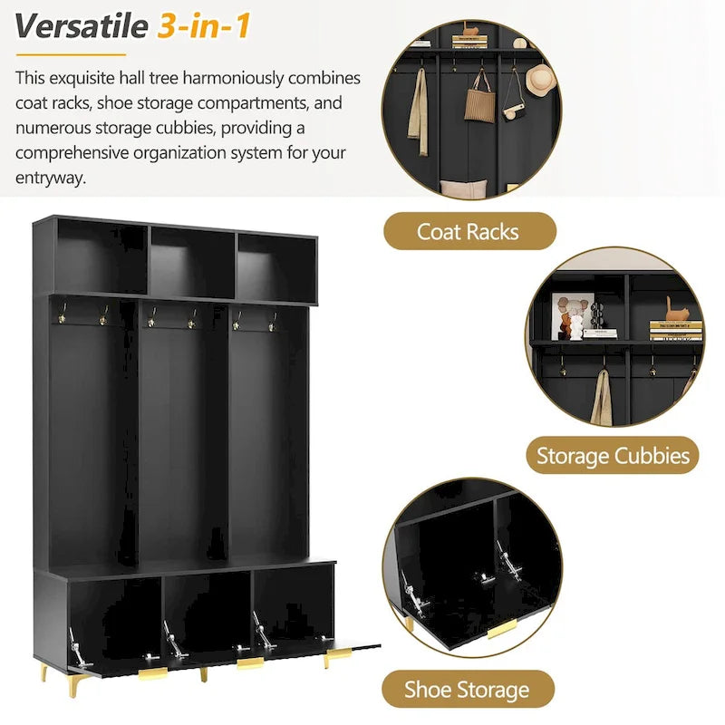 Storage Hall Tree with Bench, Multi-functional Storage Bench with High Gloss Fluted Doors, Coat Rack with 6 Hooks and Legs