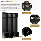 Storage Hall Tree with Bench, Multi-functional Storage Bench with High Gloss Fluted Doors, Coat Rack with 6 Hooks and Legs