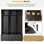Storage Hall Tree with Bench, Multi-functional Storage Bench with High Gloss Fluted Doors, Coat Rack with 6 Hooks and Legs