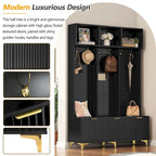 Storage Hall Tree with Bench, Multi-functional Storage Bench with High Gloss Fluted Doors, Coat Rack with 6 Hooks and Legs