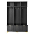 Storage Hall Tree with Bench, Multi-functional Storage Bench with High Gloss Fluted Doors, Coat Rack with 6 Hooks and Legs