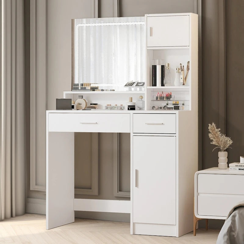 Vanity Desk with LED Lighted Mirror, Makeup Table with Drawers & Cabinet, Vanity Table with Storage