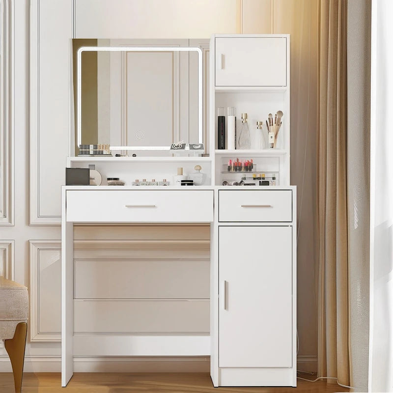 Vanity Desk with LED Lighted Mirror, Makeup Table with Drawers & Cabinet, Vanity Table with Storage