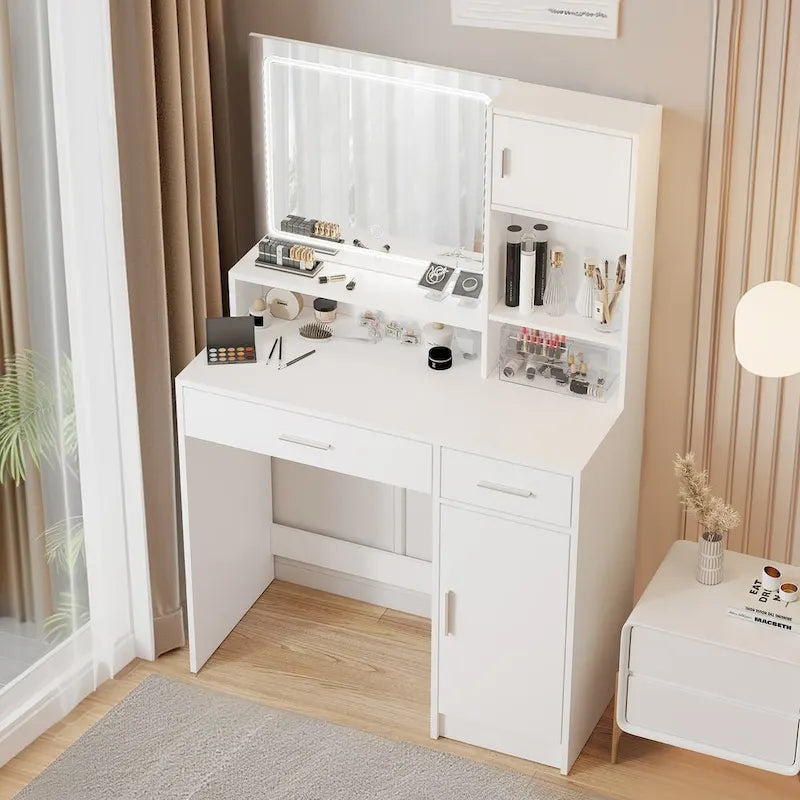 Vanity Desk with LED Lighted Mirror, Makeup Table with Drawers & Cabinet, Vanity Table with Storage