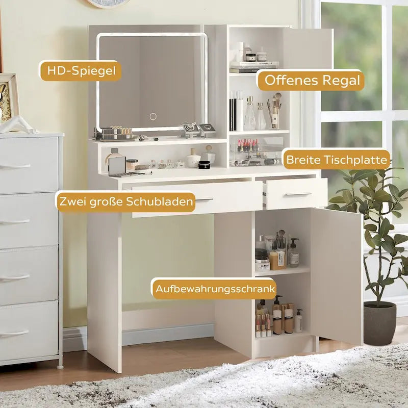 Vanity Desk with LED Lighted Mirror, Makeup Table with Drawers & Cabinet, Vanity Table with Storage
