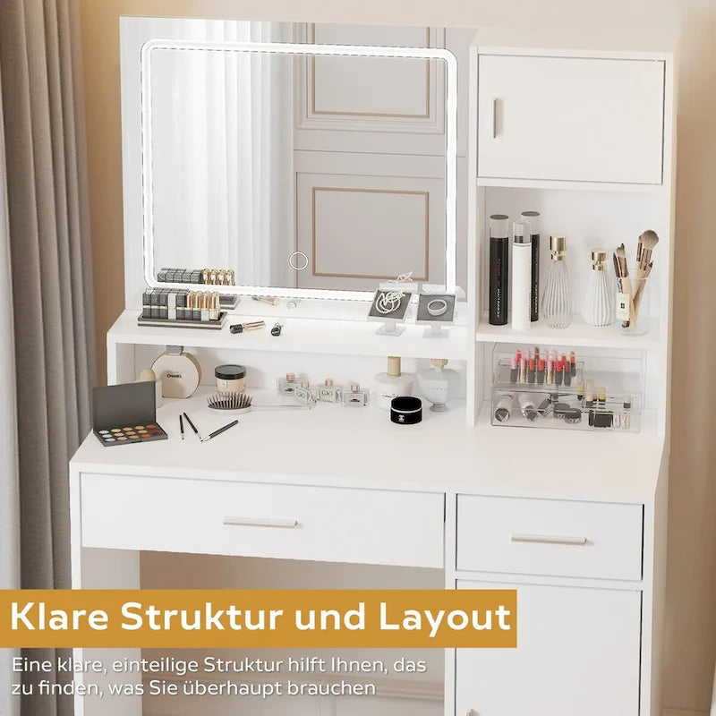 Vanity Desk with LED Lighted Mirror, Makeup Table with Drawers & Cabinet, Vanity Table with Storage