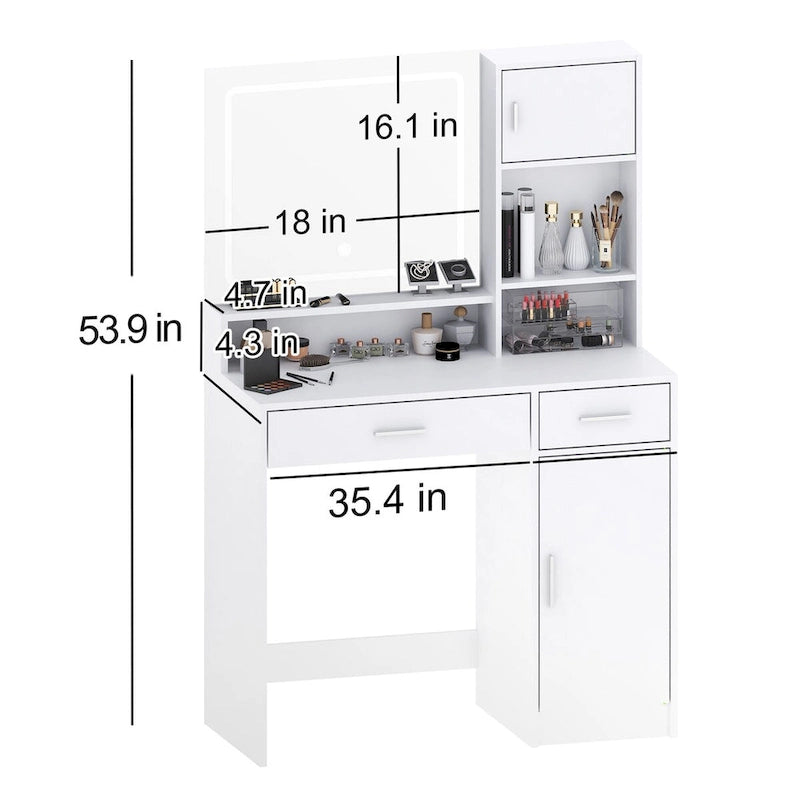 Vanity Desk with LED Lighted Mirror, Makeup Table with Drawers & Cabinet, Vanity Table with Storage