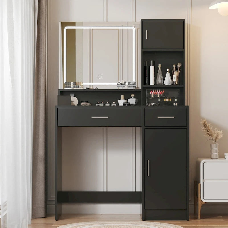Vanity Desk with LED Lighted Mirror, Makeup Table with Drawers & Cabinet, Vanity Table with Storage