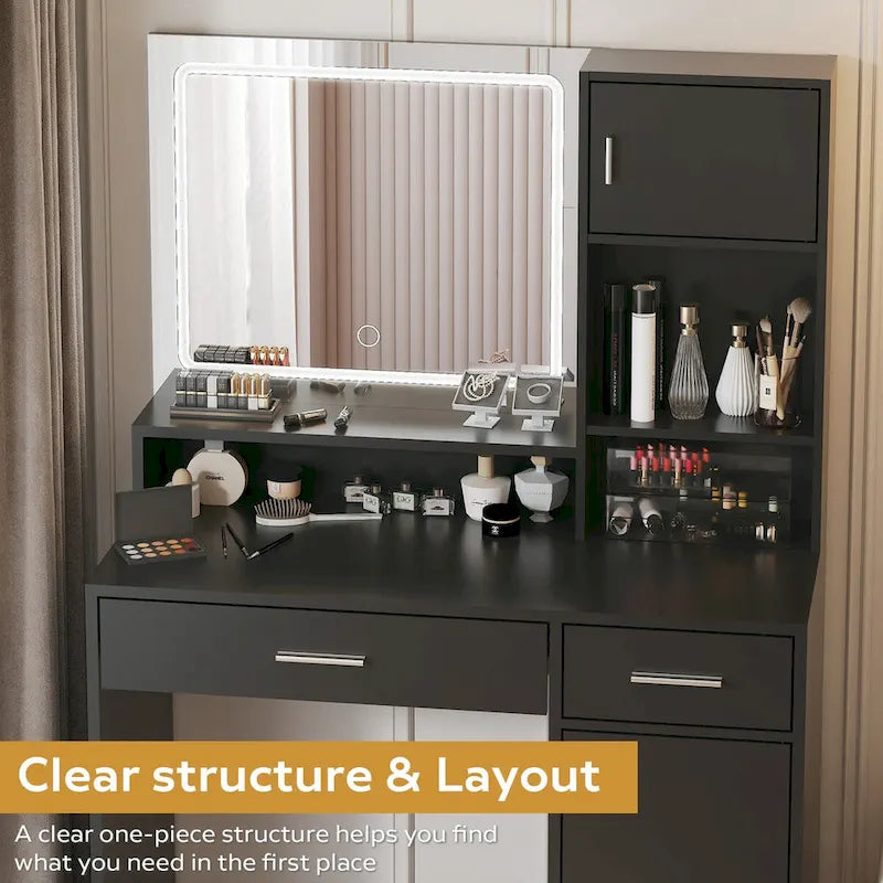 Vanity Desk with LED Lighted Mirror, Makeup Table with Drawers & Cabinet, Vanity Table with Storage