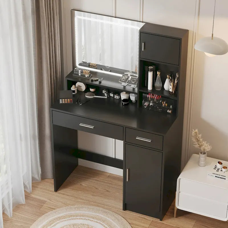 Vanity Desk with LED Lighted Mirror, Makeup Table with Drawers & Cabinet, Vanity Table with Storage