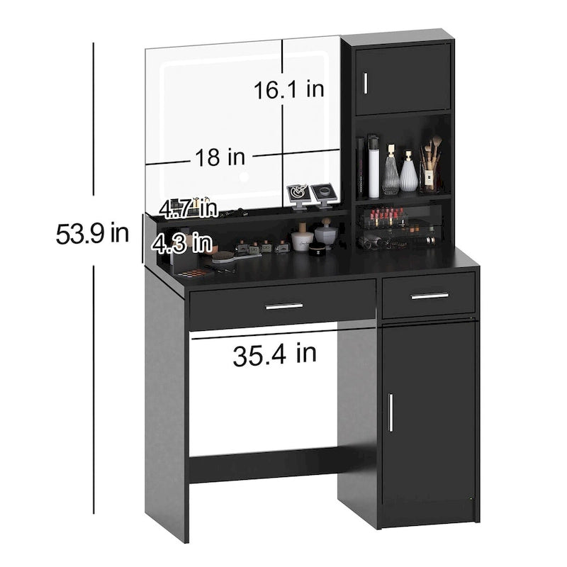 Vanity Desk with LED Lighted Mirror, Makeup Table with Drawers & Cabinet, Vanity Table with Storage