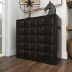 Wooden Vintage Faux Leather Room Chest with Buckles and Straps Detailing - Black